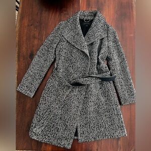 Belted Black/White Herringbone Wool Coat